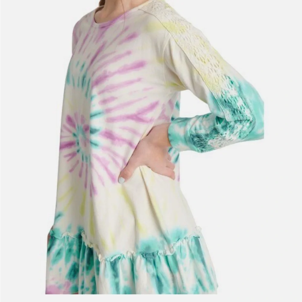Justice Girls Tie Dye Ruffle Hem Long Sleeve Dress Size 10